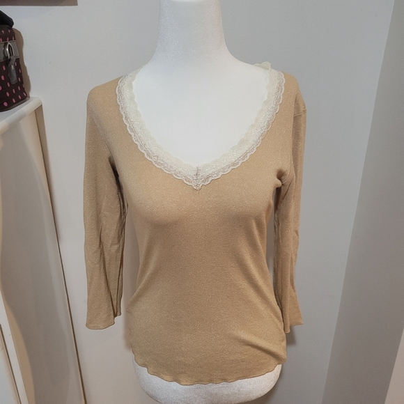 Shameless Tops - Shameless Tan And White Y2k Feminine Lacey Romantic Sparkly Top | Medium